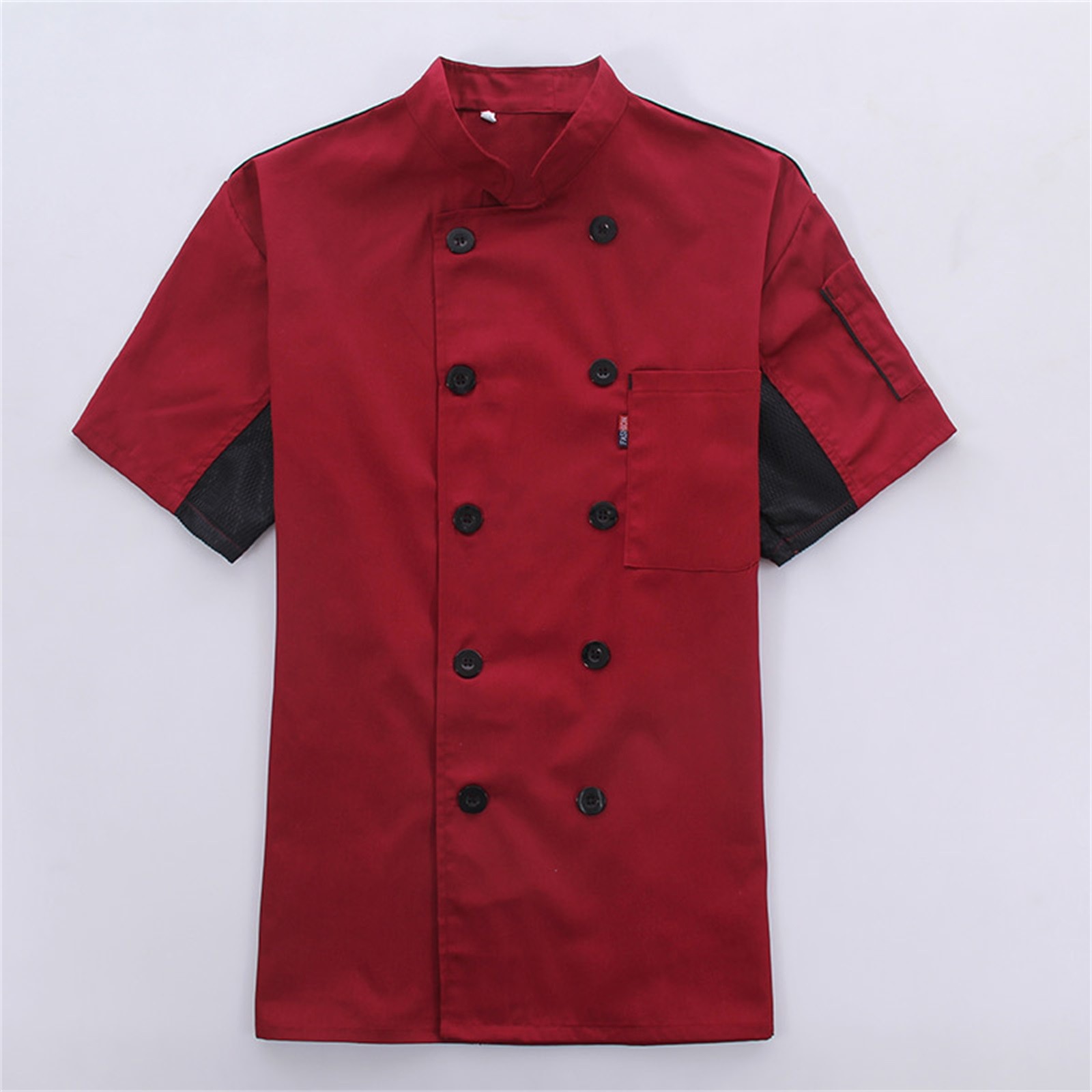 thumbnail image 2 of Chaqueta de chef unisex: manga larga con botones rojos en contraste, 35 % algodón y 65 % poliéster, duradera y transpirable para uso en la cocina., 2 of 7